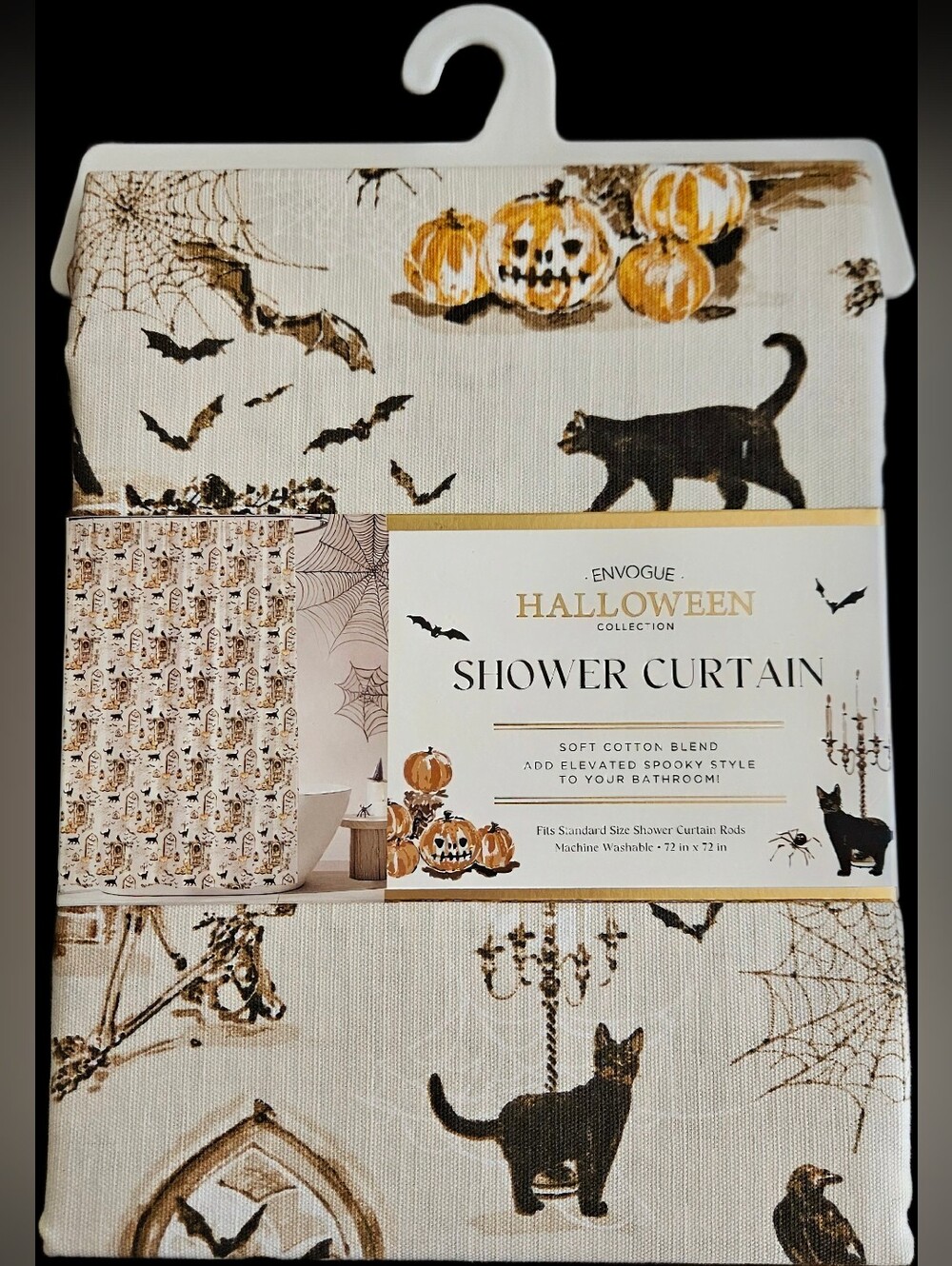 Envogue Halloween Black Cat and Pumpkin Printed Shower Curtain - Black & Orange